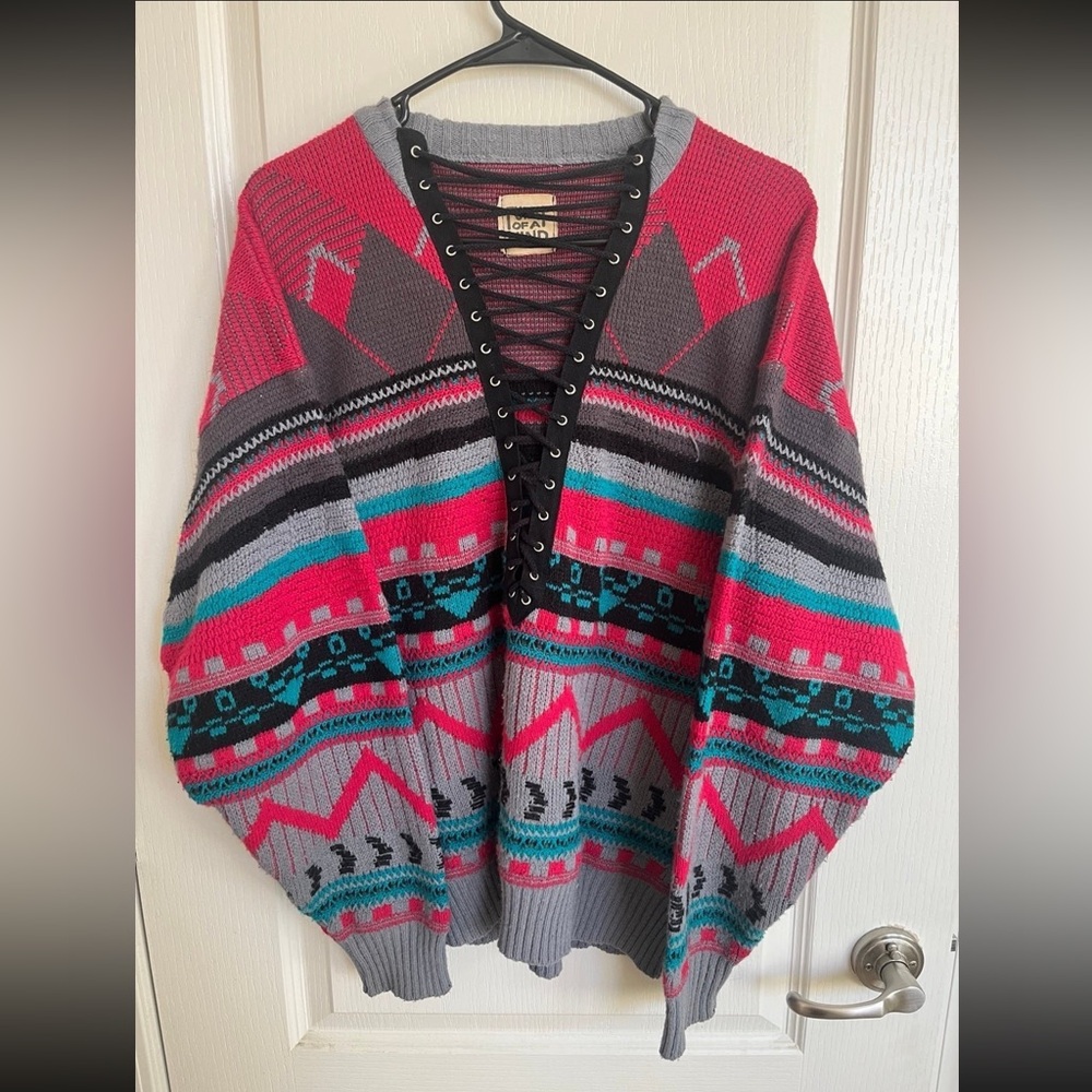 Oversized Southwest Patterned Knitted Sweater With Cross Lace V Neck Detailing